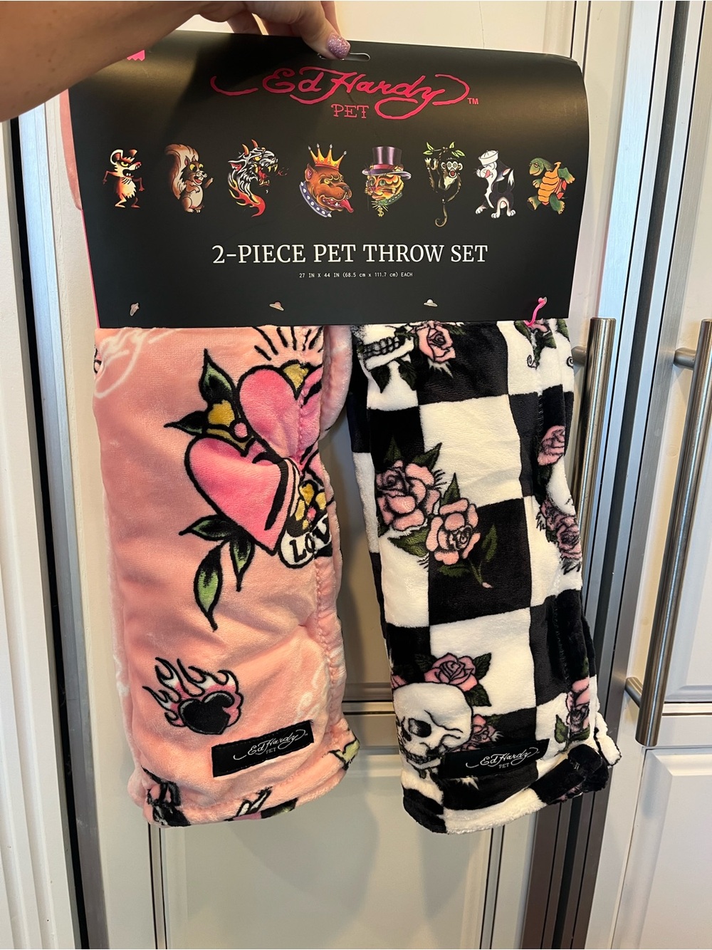 Set of 2 Ed Hardy Pet Throw Blankets- Pink, Roses, Skull, Hearts, Checkered